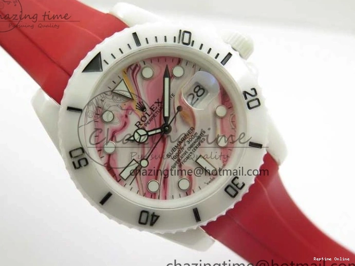 0123 WrinkleFree Submariner 40mm White Ceramic 5GF Best Edition White Red Dial on Red Rubber Strap SA 2485